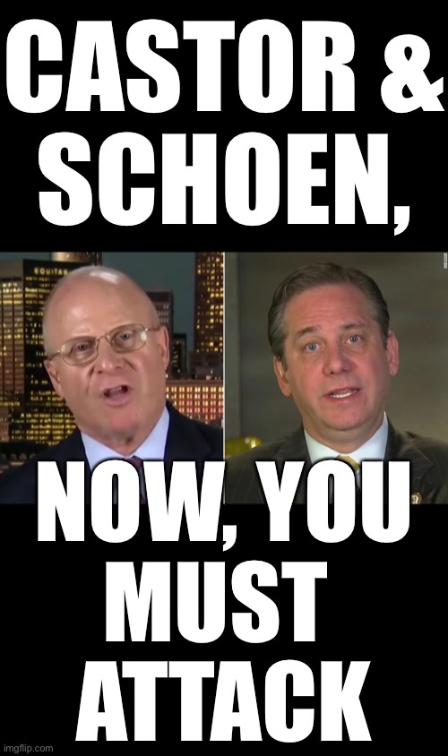 Castor & Schoen, now—you must attack! | CASTOR &
SCHOEN, NOW, YOU
MUST 
ATTACK | image tagged in president trump,donald trump,election 2020,election fraud,voter fraud,democrat party | made w/ Imgflip meme maker