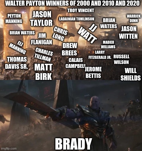 avengers endgame final battle against thanos | WALTER PAYTON WINNERS OF 2000 AND 2010 AND 2020; WARRICK DUNN; PEYTON MANNING; JASON TAYLOR; LADAINIAN TOMLINSON; TROY VINCENT; JASON WITTEN; BRIAN WATERS; CHRIS LONG; JJ WATT; MADIEU WILLIAMS; BRIAN WATERS; ELI MANNING; JIM FLANIGAN; DREW BREES; CHARLES TILLMAN; RUSSELL WILSON; THOMAS DAVIS SR. LARRY FITZGERALD JR. CALAIS CAMPBELL; MATT BIRK; WILL SHIELDS; JEROME BETTIS; BRADY | image tagged in avengers endgame final battle against thanos | made w/ Imgflip meme maker