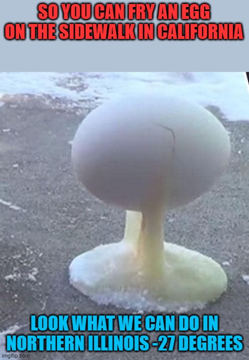 SO YOU CAN FRY AN EGG ON THE SIDEWALK IN CALIFORNIA; LOOK WHAT WE CAN DO IN NORTHERN ILLINOIS -27 DEGREES | made w/ Imgflip meme maker