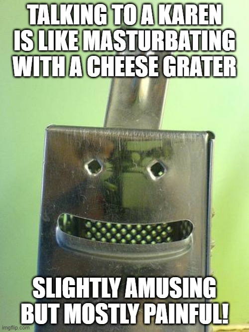 Not a Convo People Want to Have | TALKING TO A KAREN IS LIKE MASTURBATING WITH A CHEESE GRATER; SLIGHTLY AMUSING BUT MOSTLY PAINFUL! | image tagged in cheesegrater | made w/ Imgflip meme maker