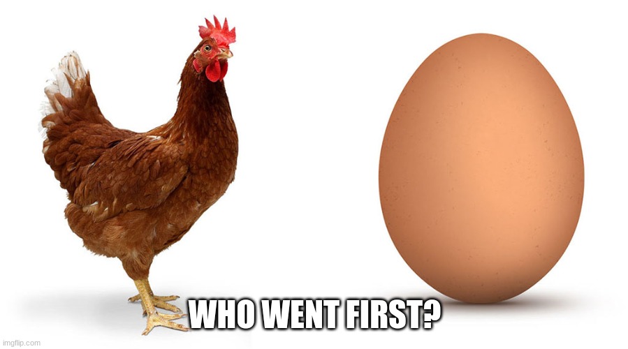 Chicken and egg | WHO WENT FIRST? | image tagged in chicken and egg | made w/ Imgflip meme maker