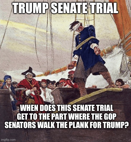 Walk the Plank | TRUMP SENATE TRIAL; WHEN DOES THIS SENATE TRIAL GET TO THE PART WHERE THE GOP SENATORS WALK THE PLANK FOR TRUMP? | image tagged in walk the plank | made w/ Imgflip meme maker