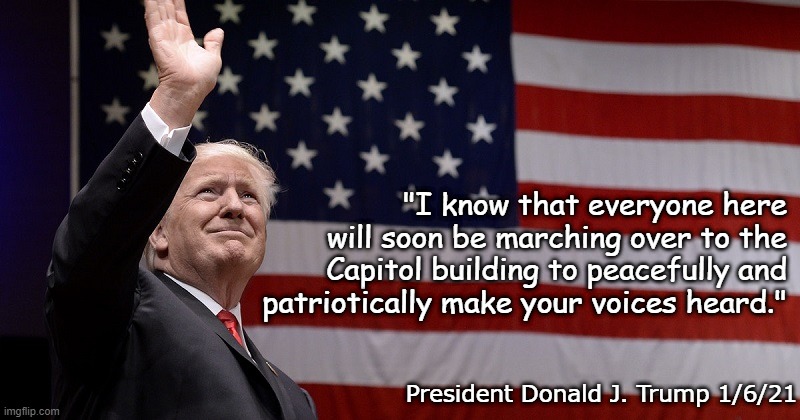 "I know that everyone here will soon be marching over to the Capitol building to peacefully and patriotically make your voices heard."  Pres | made w/ Imgflip meme maker