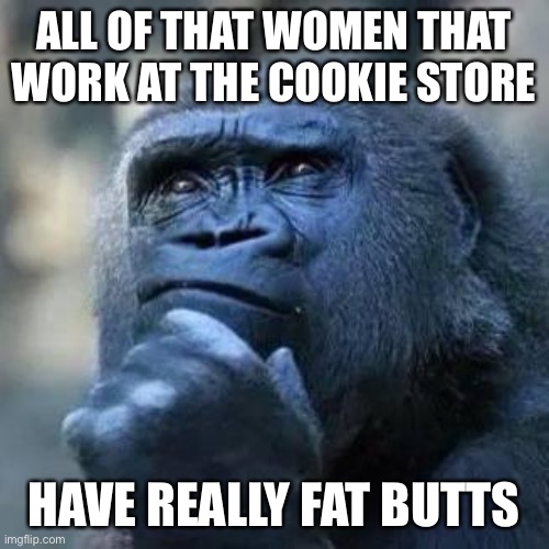 Cookie store ladies | ALL OF THAT WOMEN THAT WORK AT THE COOKIE STORE; HAVE REALLY FAT BUTTS | image tagged in thinking ape,funny,meme,memes,funny meme,funny memes | made w/ Imgflip meme maker