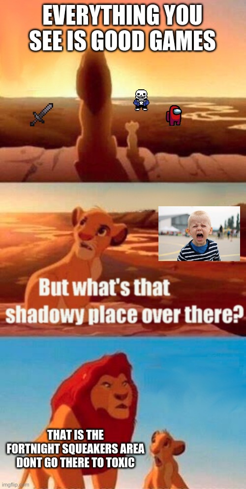 Simba Shadowy Place Meme | EVERYTHING YOU SEE IS GOOD GAMES; THAT IS THE FORTNIGHT SQUEAKERS AREA DONT GO THERE TO TOXIC | image tagged in memes,simba shadowy place | made w/ Imgflip meme maker