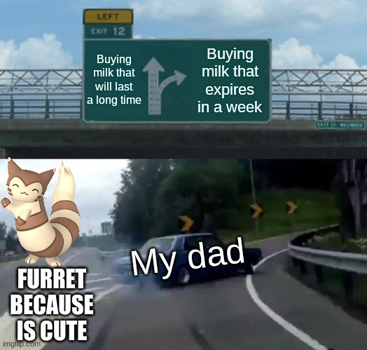 Left Exit 12 Off Ramp Meme | Buying milk that will last a long time; Buying milk that expires in a week; My dad; FURRET BECAUSE IS CUTE | image tagged in memes,left exit 12 off ramp | made w/ Imgflip meme maker