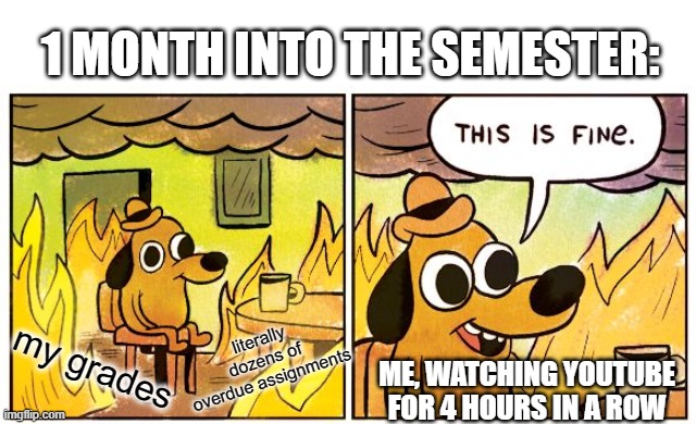 last semester, I had a GPA of 4.0 | 1 MONTH INTO THE SEMESTER:; literally dozens of overdue assignments; my grades; ME, WATCHING YOUTUBE FOR 4 HOURS IN A ROW | image tagged in memes,this is fine | made w/ Imgflip meme maker