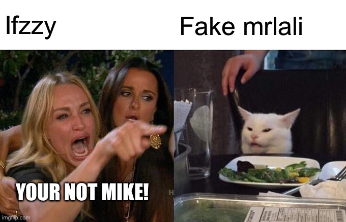 Woman Yelling At Cat | Ifzzy; Fake mrlali; YOUR NOT MIKE! | image tagged in memes,woman yelling at cat | made w/ Imgflip meme maker