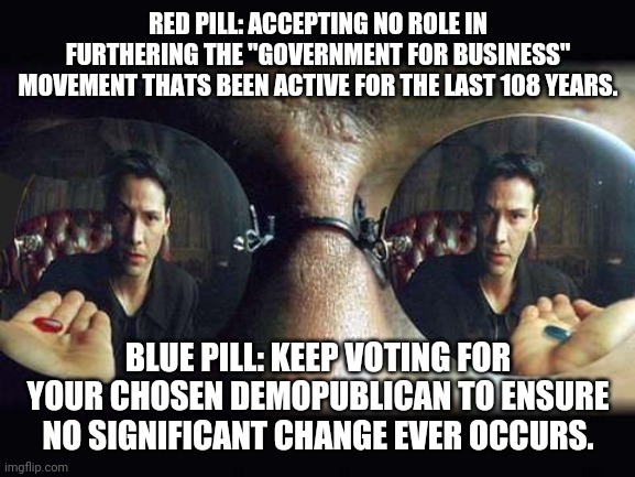 Government stopped being about service the people the minute we instituted the Federal Reserve. We've all been slaves ever since | RED PILL: ACCEPTING NO ROLE IN FURTHERING THE "GOVERNMENT FOR BUSINESS" MOVEMENT THATS BEEN ACTIVE FOR THE LAST 108 YEARS. BLUE PILL: KEEP VOTING FOR YOUR CHOSEN DEMOPUBLICAN TO ENSURE NO SIGNIFICANT CHANGE EVER OCCURS. | image tagged in morphius,federal reserve,republican,democrat,demopublican,money | made w/ Imgflip meme maker