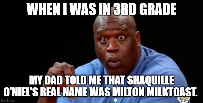 surprised shaq | WHEN I WAS IN 3RD GRADE; MY DAD TOLD ME THAT SHAQUILLE O'NIEL'S REAL NAME WAS MILTON MILKTOAST. | image tagged in surprised shaq | made w/ Imgflip meme maker