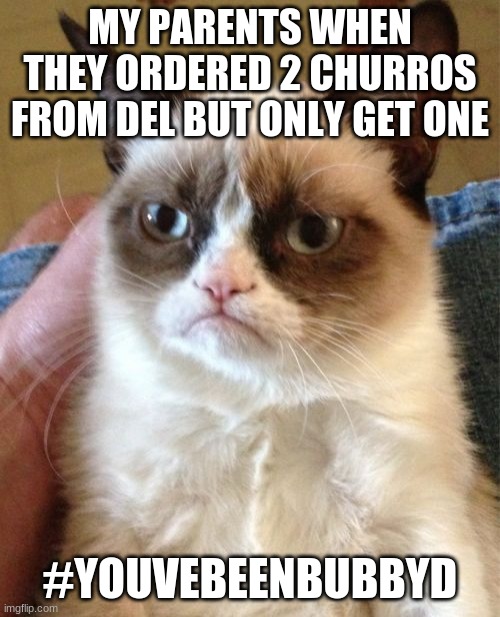 soooooooo true | MY PARENTS WHEN THEY ORDERED 2 CHURROS FROM DEL BUT ONLY GET ONE; #YOUVEBEENBUBBYD | image tagged in memes,grumpy cat | made w/ Imgflip meme maker