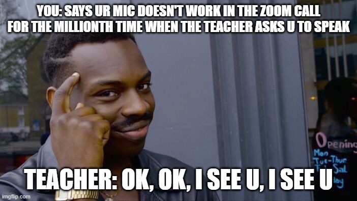 Roll Safe Think About It | YOU: SAYS UR MIC DOESN'T WORK IN THE ZOOM CALL FOR THE MILLIONTH TIME WHEN THE TEACHER ASKS U TO SPEAK; TEACHER: OK, OK, I SEE U, I SEE U | image tagged in memes,roll safe think about it | made w/ Imgflip meme maker