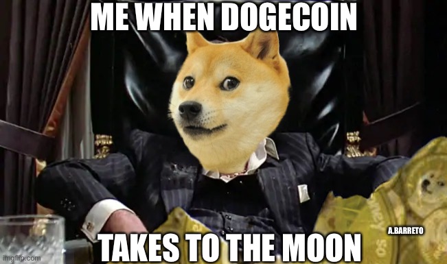 Dogecoin | ME WHEN DOGECOIN; TAKES TO THE MOON; A.BARRETO | image tagged in doge,cryptocurrency,crypto | made w/ Imgflip meme maker