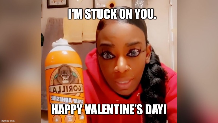 Stuck on you | I'M STUCK ON YOU. HAPPY VALENTINE’S DAY! | image tagged in gorilla glue,valentine's day | made w/ Imgflip meme maker
