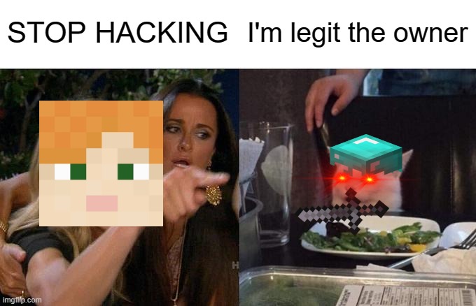 Woman Yelling At Cat | STOP HACKING; I'm legit the owner | image tagged in memes,woman yelling at cat | made w/ Imgflip meme maker