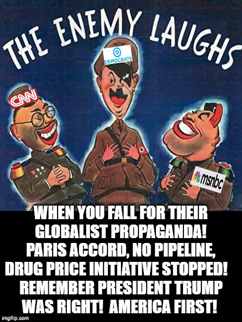 The Enemy Laughs When You Fall For Their Globalist Propaganda! | WHEN YOU FALL FOR THEIR GLOBALIST PROPAGANDA! PARIS ACCORD, NO PIPELINE, DRUG PRICE INITIATIVE STOPPED! REMEMBER PRESIDENT TRUMP WAS RIGHT!  AMERICA FIRST! | image tagged in sounds like communist propaganda,propaganda,stupid liberals,human stupidity,morons,idiots | made w/ Imgflip meme maker