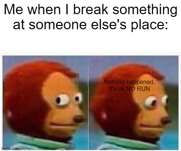 Monkey Puppet | Me when I break something at someone else's place:; Nothing happened, It's ok NO RUN | image tagged in memes,monkey puppet | made w/ Imgflip meme maker