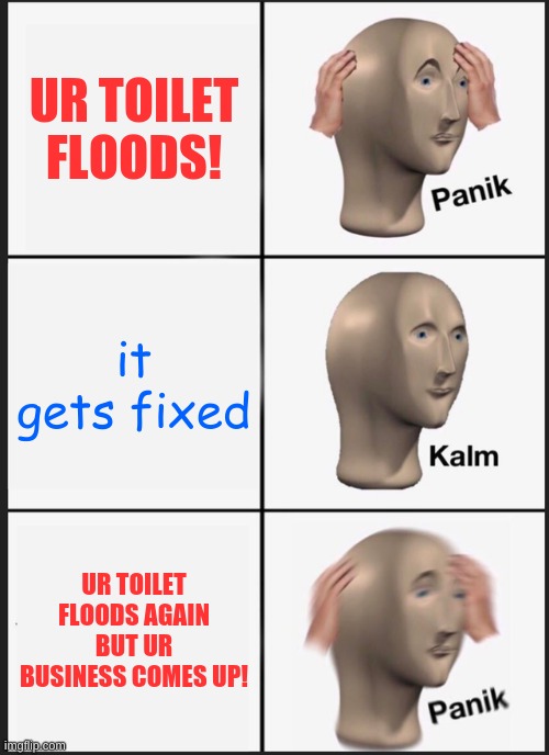 tOiLeT fLoOd!!!!!! | UR TOILET FLOODS! it gets fixed; UR TOILET FLOODS AGAIN BUT UR BUSINESS COMES UP! | image tagged in memes,panik kalm panik,daboosxd | made w/ Imgflip meme maker