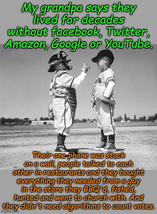 Two can play "Cancel Culture".  Dump every tech gizmo and service you don't need. They should lose millions of customers. | My grandpa says they lived for decades without facebook, Twitter, Amazon, Google or YouTube. Their one phone was stuck on a wall, people talked to each other in restaurants and they bought everything they needed from a guy in the store they BBQ'd, fished, hunted and went to church with. And they didn't need algorithms to count votes. | image tagged in kids baseball | made w/ Imgflip meme maker