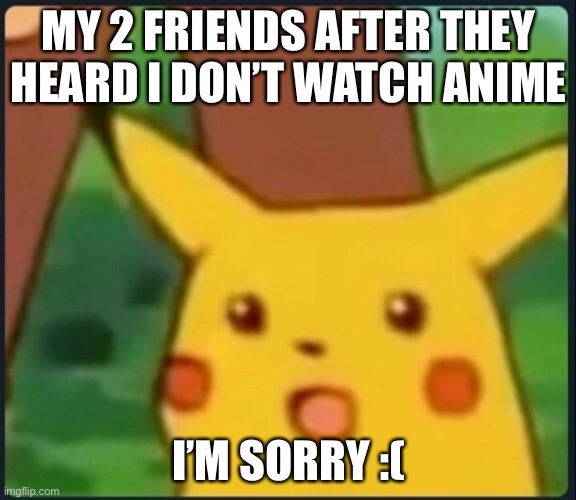 I mean I like shrek. That’s an anime right? | MY 2 FRIENDS AFTER THEY HEARD I DON’T WATCH ANIME; I’M SORRY :( | image tagged in surprised pikachu,anime,hunter x hunter,todoroki,friends | made w/ Imgflip meme maker