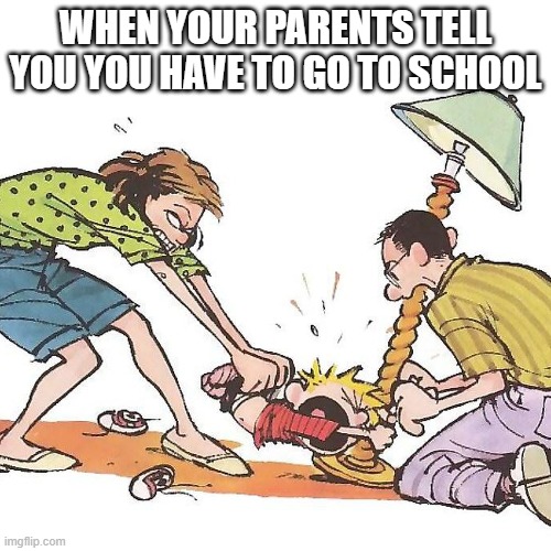 school suks | WHEN YOUR PARENTS TELL YOU YOU HAVE TO GO TO SCHOOL | image tagged in calvin and hobbes,school,anger | made w/ Imgflip meme maker