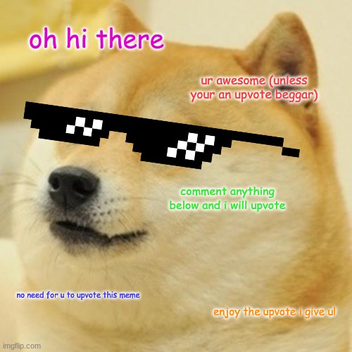Doge Meme | oh hi there; ur awesome (unless your an upvote beggar); comment anything below and i will upvote; no need for u to upvote this meme; enjoy the upvote i give u! | image tagged in memes,doge | made w/ Imgflip meme maker