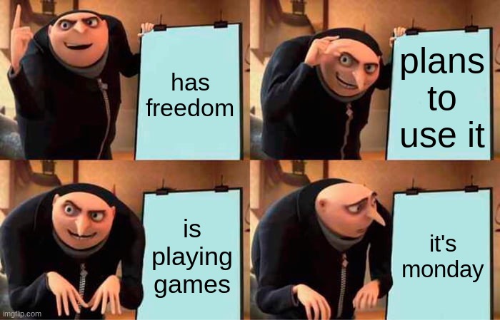 Gru's Plan Meme | has freedom; plans to use it; is playing games; it's monday | image tagged in memes,gru's plan | made w/ Imgflip meme maker