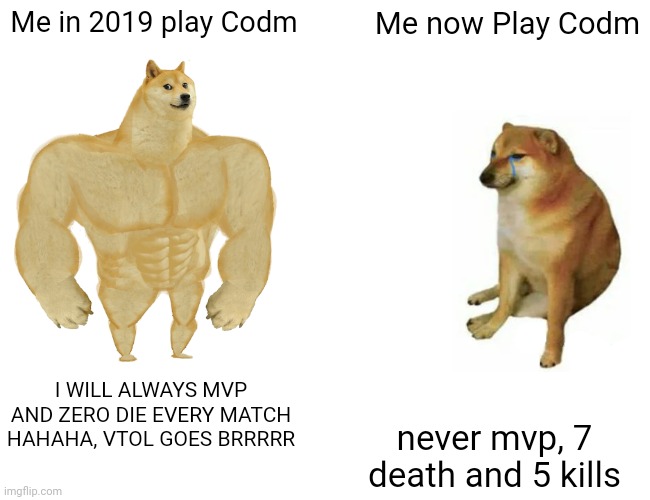 just my true story | Me in 2019 play Codm; Me now Play Codm; I WILL ALWAYS MVP AND ZERO DIE EVERY MATCH HAHAHA, VTOL GOES BRRRRR; never mvp, 7 death and 5 kills | image tagged in memes,buff doge vs cheems | made w/ Imgflip meme maker