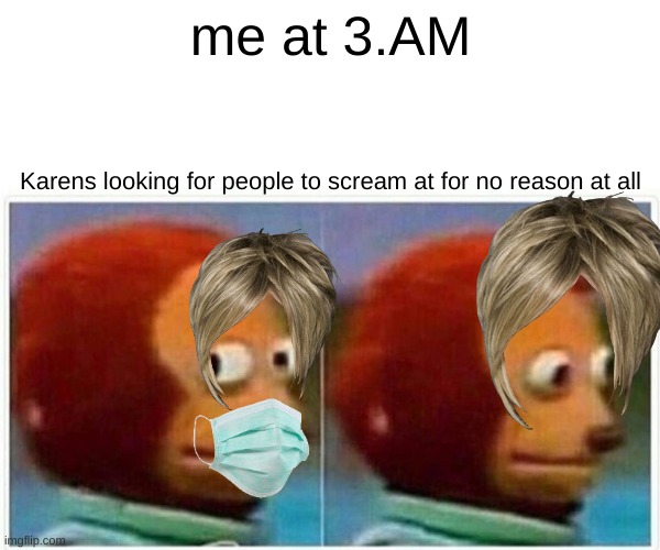 Monkey Puppet Meme | me at 3.AM; Karens looking for people to scream at for no reason at all | image tagged in memes,monkey puppet | made w/ Imgflip meme maker