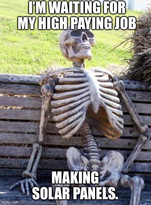 Waiting Skeleton | I’M WAITING FOR MY HIGH PAYING JOB; MAKING SOLAR PANELS. | image tagged in memes,waiting skeleton | made w/ Imgflip meme maker
