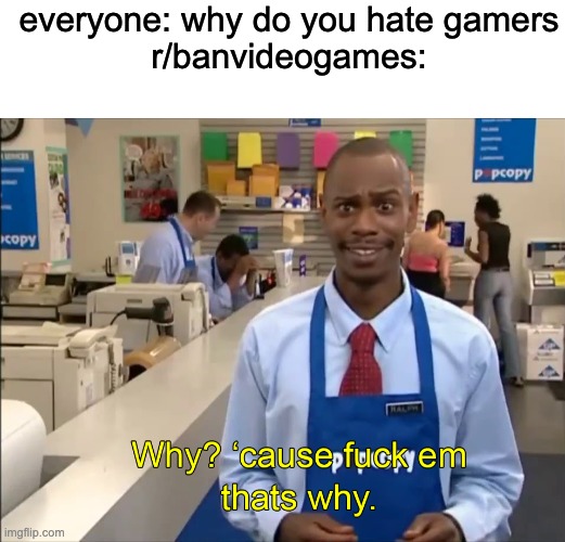 still wonder | everyone: why do you hate gamers
r/banvideogames: | image tagged in blank white template,why cause fuck em thats why,reddit | made w/ Imgflip meme maker