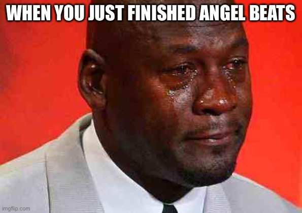I immediately cried so I probably shouldn’t watch your lie in april | WHEN YOU JUST FINISHED ANGEL BEATS | image tagged in crying michael jordan | made w/ Imgflip meme maker