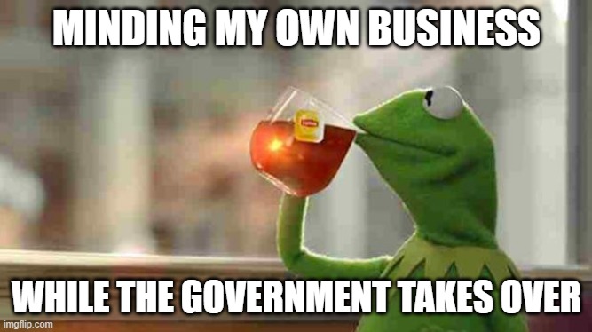 Kermit sipping tea | MINDING MY OWN BUSINESS; WHILE THE GOVERNMENT TAKES OVER | image tagged in kermit sipping tea | made w/ Imgflip meme maker