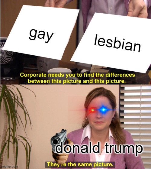 The jerk... | gay; lesbian; donald trump | image tagged in memes,they're the same picture | made w/ Imgflip meme maker