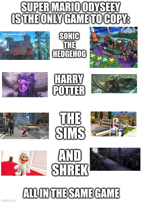 Shrek is angry | SUPER MARIO ODYSEEY IS THE ONLY GAME TO COPY:; SONIC THE HEDGEHOG; HARRY POTTER; THE SIMS; AND SHREK; ALL IN THE SAME GAME | image tagged in white rectangle | made w/ Imgflip meme maker