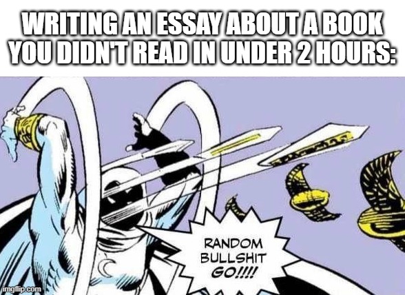 I got an A-, if you're wondering | WRITING AN ESSAY ABOUT A BOOK YOU DIDN'T READ IN UNDER 2 HOURS: | image tagged in random bullshit go | made w/ Imgflip meme maker