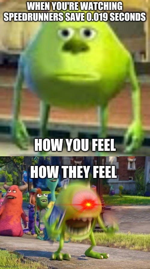 WHEN YOU'RE WATCHING SPEEDRUNNERS SAVE 0.019 SECONDS; HOW YOU FEEL; HOW THEY FEEL | image tagged in sully wazowski,screaming mike wazowski | made w/ Imgflip meme maker