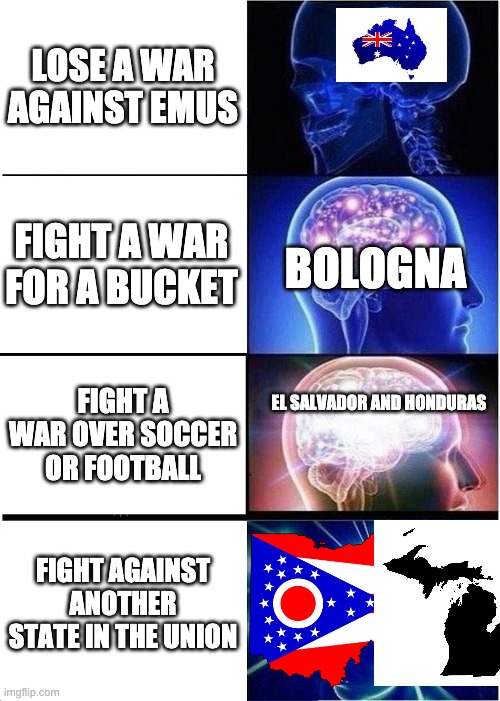 expanding brain wars | LOSE A WAR AGAINST EMUS; BOLOGNA; FIGHT A WAR FOR A BUCKET; FIGHT A WAR OVER SOCCER OR FOOTBALL; EL SALVADOR AND HONDURAS; FIGHT AGAINST ANOTHER STATE IN THE UNION | image tagged in memes,expanding brain | made w/ Imgflip meme maker