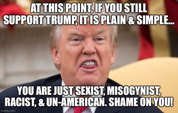 Still supporting Trump? | AT THIS POINT, IF YOU STILL SUPPORT TRUMP, IT IS PLAIN & SIMPLE... YOU ARE JUST SEXIST, MISOGYNIST, RACIST, & UN-AMERICAN. SHAME ON YOU! | image tagged in trump face | made w/ Imgflip meme maker