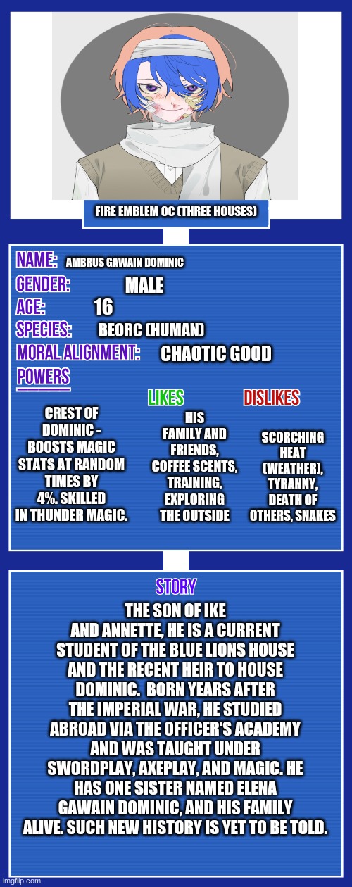 This isn't technically MY OC because I made him for the sake of my FE ship. | FIRE EMBLEM OC (THREE HOUSES); AMBRUS GAWAIN DOMINIC; MALE; 16; BEORC (HUMAN); CHAOTIC GOOD; CREST OF DOMINIC - BOOSTS MAGIC STATS AT RANDOM TIMES BY 4%. SKILLED IN THUNDER MAGIC. HIS FAMILY AND FRIENDS, COFFEE SCENTS, TRAINING, EXPLORING THE OUTSIDE; SCORCHING HEAT (WEATHER), TYRANNY, DEATH OF OTHERS, SNAKES; THE SON OF IKE AND ANNETTE, HE IS A CURRENT STUDENT OF THE BLUE LIONS HOUSE AND THE RECENT HEIR TO HOUSE DOMINIC.  BORN YEARS AFTER THE IMPERIAL WAR, HE STUDIED ABROAD VIA THE OFFICER'S ACADEMY AND WAS TAUGHT UNDER SWORDPLAY, AXEPLAY, AND MAGIC. HE HAS ONE SISTER NAMED ELENA GAWAIN DOMINIC, AND HIS FAMILY ALIVE. SUCH NEW HISTORY IS YET TO BE TOLD. | image tagged in oc full showcase v2 | made w/ Imgflip meme maker