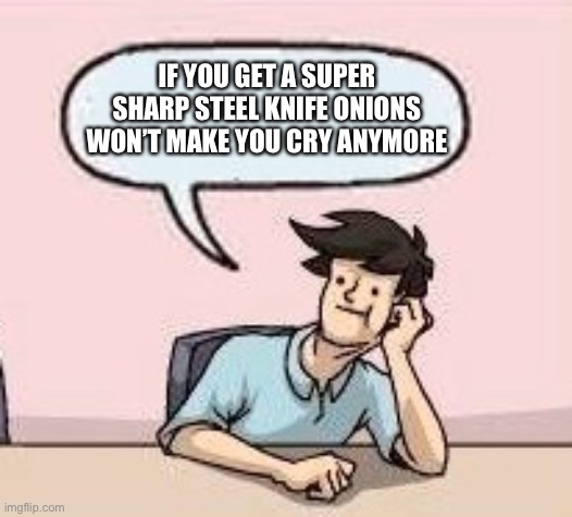 Boardroom Suggestion Guy | IF YOU GET A SUPER SHARP STEEL KNIFE ONIONS WON’T MAKE YOU CRY ANYMORE | image tagged in boardroom suggestion guy | made w/ Imgflip meme maker