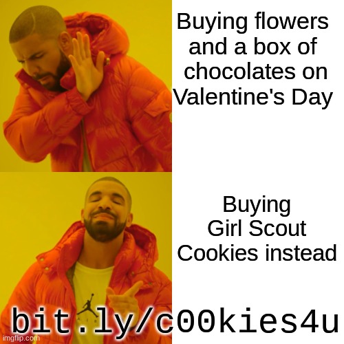 What she REALLY wants this Valentine's Day | Buying flowers and a box of  chocolates on
Valentine's Day; Buying Girl Scout Cookies instead; bit.ly/c00kies4u | image tagged in memes,drake hotline bling,girl scout cookies,cookies,valentine's day | made w/ Imgflip meme maker