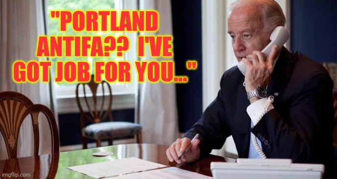 President Joe Biden on the phone. | "PORTLAND ANTIFA??  I'VE GOT JOB FOR YOU..." | image tagged in president joe biden on the phone | made w/ Imgflip meme maker