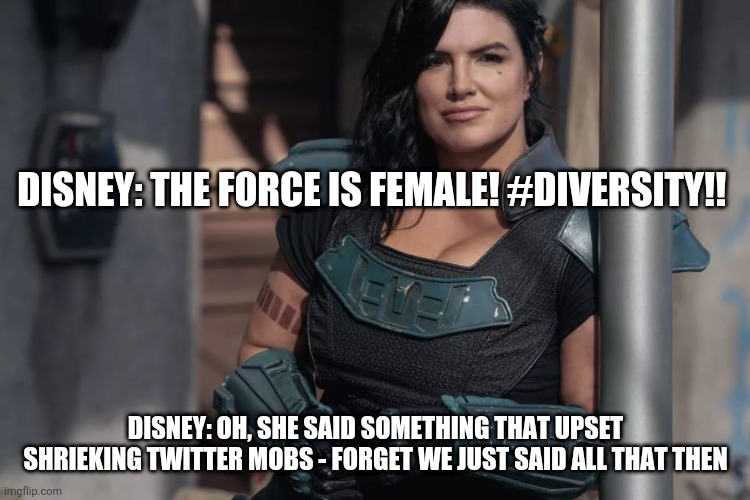 Bad diversity, bad | DISNEY: THE FORCE IS FEMALE! #DIVERSITY!! DISNEY: OH, SHE SAID SOMETHING THAT UPSET SHRIEKING TWITTER MOBS - FORGET WE JUST SAID ALL THAT THEN | image tagged in gina carano,star wars,the mandalorian | made w/ Imgflip meme maker