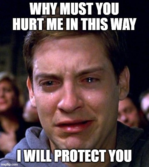 crying peter parker | WHY MUST YOU HURT ME IN THIS WAY I WILL PROTECT YOU | image tagged in crying peter parker | made w/ Imgflip meme maker