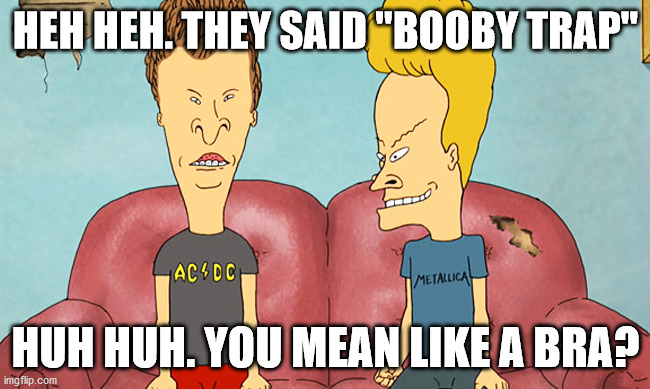 Beavis and Butthead |  HEH HEH. THEY SAID "BOOBY TRAP"; HUH HUH. YOU MEAN LIKE A BRA? | image tagged in beavis and butthead | made w/ Imgflip meme maker