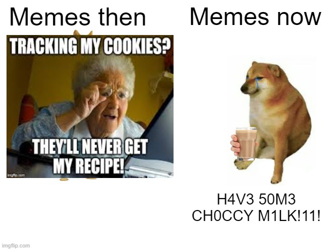  Memes then; Memes now; H4V3 50M3 CH0CCY M1LK!11! | image tagged in buff doge vs cheems,memes,dead memes | made w/ Imgflip meme maker