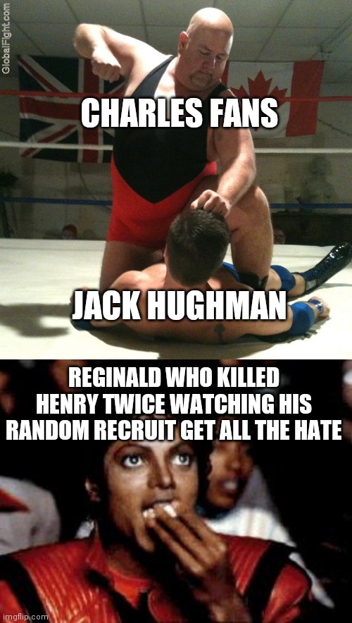 CHARLES FANS; JACK HUGHMAN; REGINALD WHO KILLED HENRY TWICE WATCHING HIS RANDOM RECRUIT GET ALL THE HATE | image tagged in beating up,michael jackson eating popcorn,henry stickmin | made w/ Imgflip meme maker