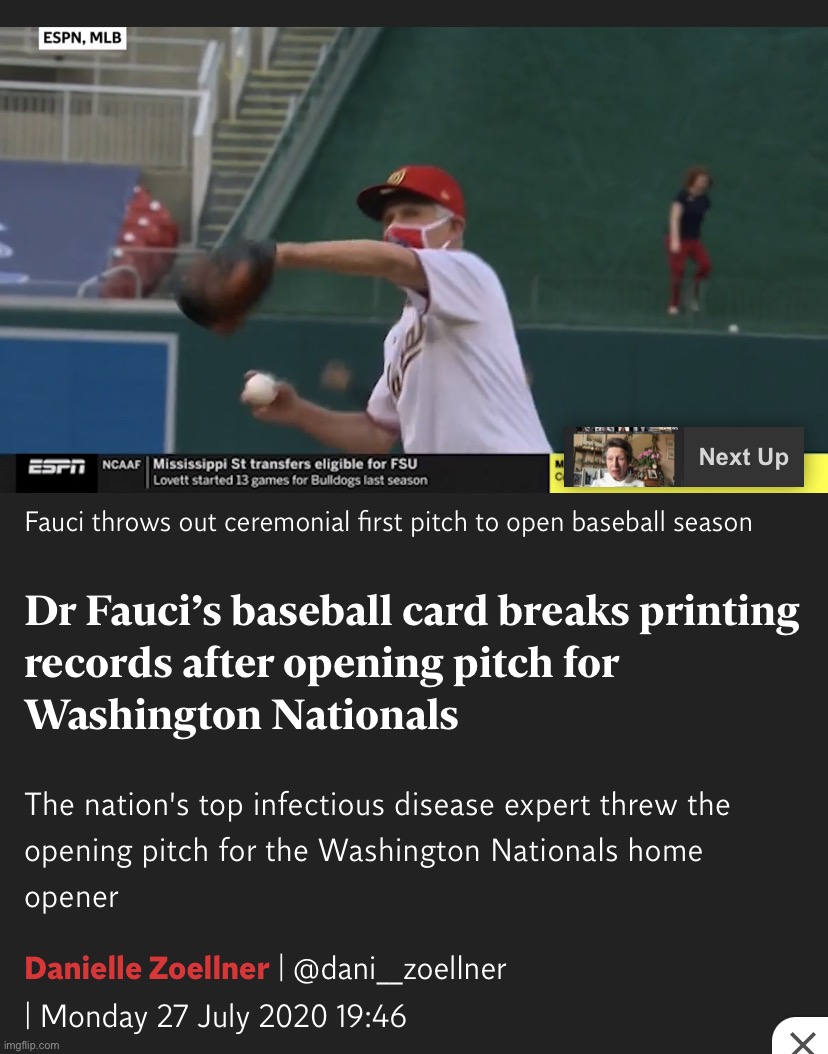 Dr. Fauci: Most popular government official in America circa 2020, tosses the first pitch. | image tagged in dr fauci pitch | made w/ Imgflip meme maker