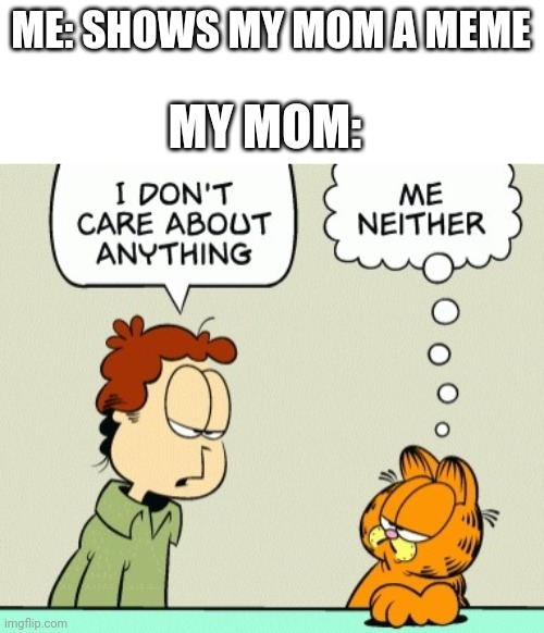 Mom | ME: SHOWS MY MOM A MEME; MY MOM: | image tagged in mom,garfield | made w/ Imgflip meme maker